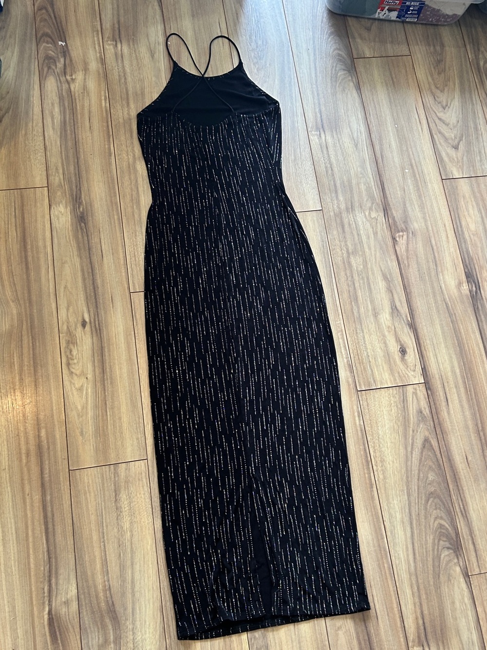 Stunning Vintage Roberta Bridal Black Sparkle Maxi Dress with Cross Back